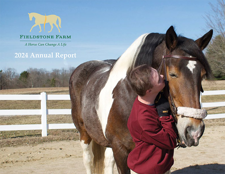 2024-Annual-Report-Fieldstone Cover photo of the 2024 annual report, a student standing with a horse