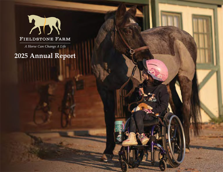 Cover photo of the 2025 annual report, a student in a wheelchair looking up at a horse